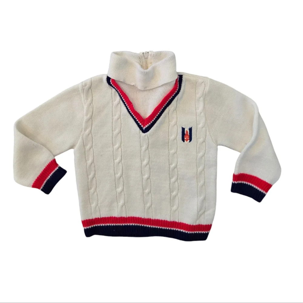 Vintage White Preppy Cable Knit Turtleneck Sweater with Red and Blue Accents